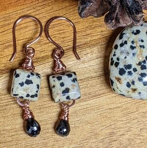 Copper Cowgirl Earrings Black Spinel Gem Drop and Dalmatian Jasper Stones
